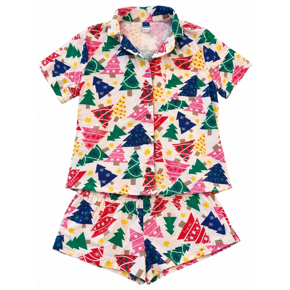 Old Navy Christmas Tree Pajama Set Size S Holiday Button Up Shirt and  Shorts